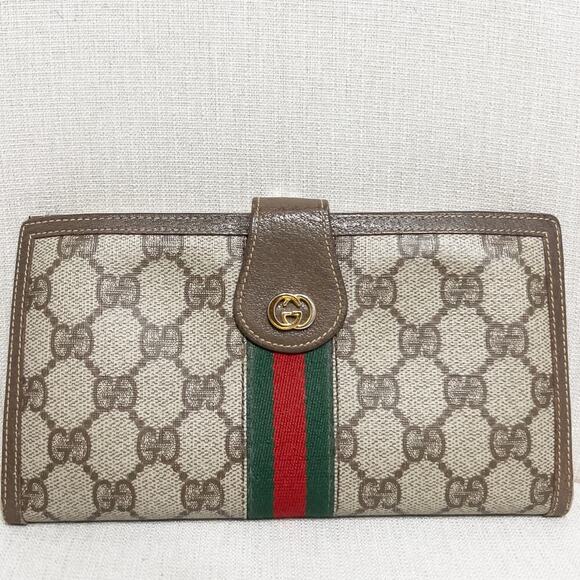 VIntage Gucci Wallet Trifold Brown Monogram GG Passport Sherry Line Canvas 80s - Picture 1 of 16